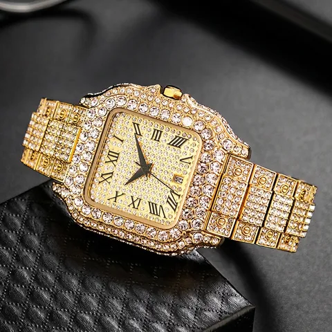 Men Quartz Watch Iced Out Rhinestone Full Diamond Square Roman Numeral Date Display Luxury Hip Hop Fashion Wristwatch