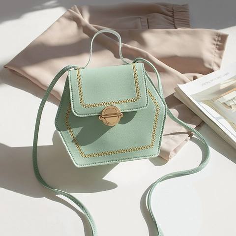 Hexagon Geometric Shoulder Crossbody Bag PU Leather Litchi Grain Gold Metal Twist Lock Minimalist Korean Fashion For Women