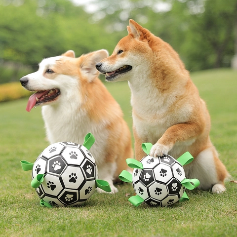 Interactive Dog Soccer Ball Toy With Nylon Grab Tabs Durable PU Inflatable Bouncy Training Ball For Outdoor Water Play