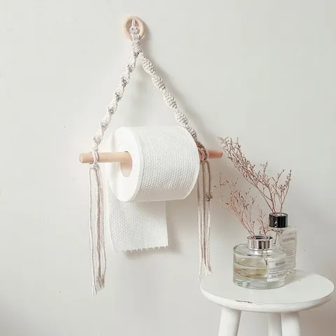 Macrame Paper Towel Holder Handmade Cotton Rope Wood Wall Tapestry Bathroom Kitchen Decor Bohemian Nordic Style