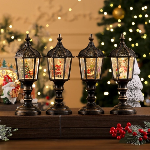 Linterna De Bola De Nieve De Navidad Retro Luz LED Lleno De Agua Nieve Volante Música Bronce Adorno De Escritorio Papá Noel