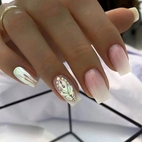 Press On Nagels Roze Ombre Lange Coffin Ballet Kunstnagels Met Rijnstenen Glanzend Glitter Glinsterend Elegant Voor Vrouwen