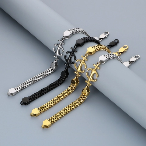 Pulsera Hombre Acero Inoxidable Colgante Ancla Náutico Doble Capa Cadena Trenzada