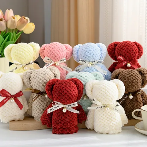 Bear Shaped Towel Soft Coral Fleece Hand Souvenir For Wedding Birthday Party Favor With Artificial Pearl Ribbon Gift Bag