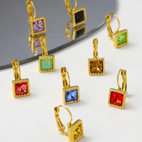 Vintage Square Zirconia Titanium Steel Earrings For Women 14K Gold Plated Colorful Leverback Earrings Fashion Ear Jewelry