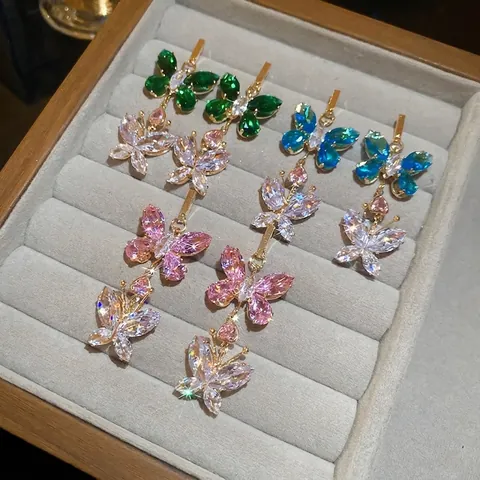 Doppelter Schmetterling Ohrhänger Mit 925 Sterling Silber Ohrstecker Bunte Zirkonia Für Frauen Luxus Schmuck