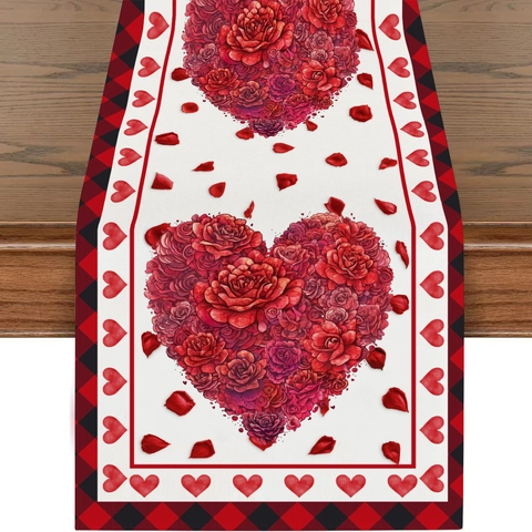 Valentine's Day Red Rose Heart Table Runner Linen Buffalo Plaid Romantic Dining Tablecloth Wedding Party Decoration