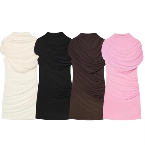 Ruched Mini Dress Sleeveless Cowl Neck Stretch Mesh Polyester Slim Fit Sexy Party Clubwear Fashionable For Women