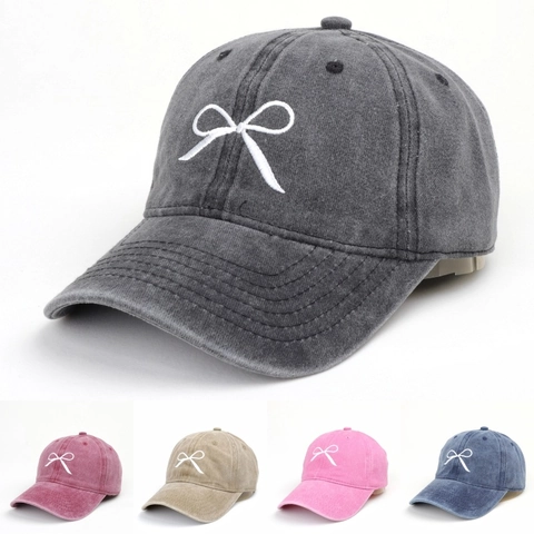 Cappello Da Baseball In Cotone Lavato Donne Vintage Fiocco Ricamato Protezione Solare Regolabile Retrò Casual