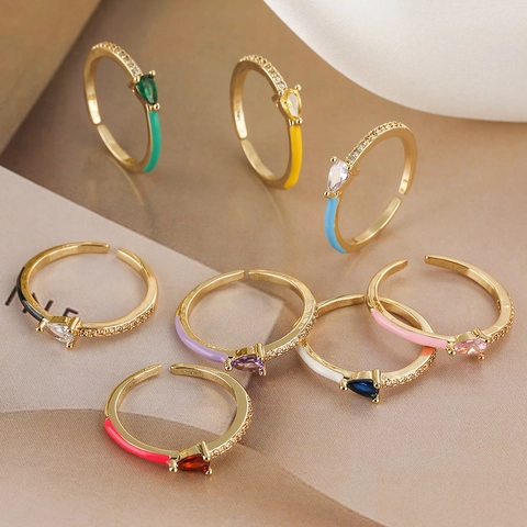 Pear Cut Zirkonia Offener Ring Messing Vergoldet Emaille Verstellbar Damen Schmuck Elegant Stilvoll Trendy
