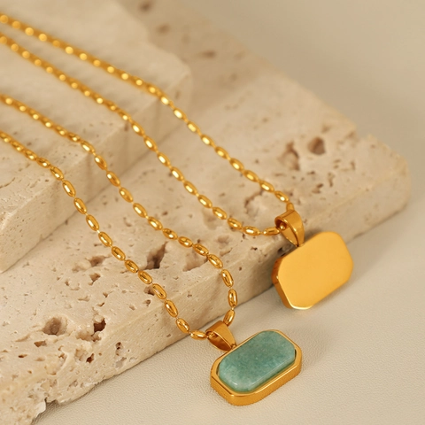 Amazonite Pendant Necklace Gold Plated Stainless Steel Green Natural Stone Rectangular Bead Chain Retro Jewelry For Women