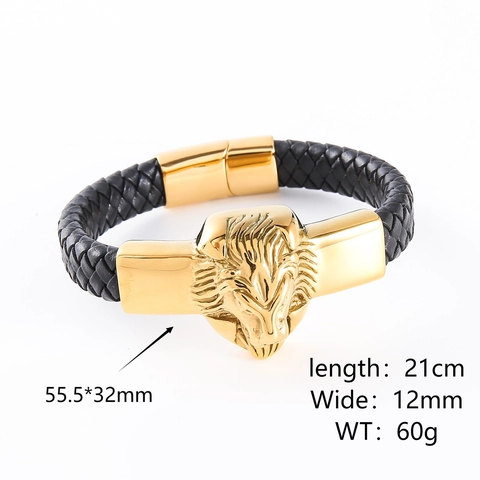 Herren Armband Mit Löwenkopf 304 Edelstahl Schwarz Geflochtenes Leder Magnetverschluss Punk Hip Hop Mode Schmuck