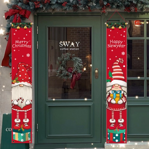 Christmas Gnome Porch Sign Red Oxford Cloth Door Banner For Merry Christmas Happy New Year Holiday Home Outdoor Decoration