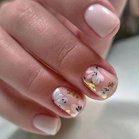 Kurze Eckige Aufdrücknägel Mit Blumenmuster Und Goldfolie Glänzende Elegante Künstliche Falsche Nägel Für Damen Maniküre