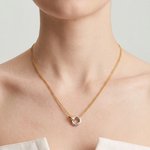 Stainless Steel Interlocking Double Ring Pendant Necklace For Women Two Tone Minimalist Geometric Jewelry Fashion