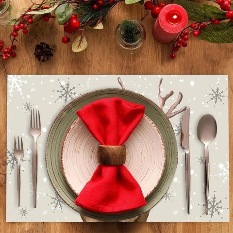 Christmas Placemats Reindeer Snowflake Pattern Joy Print Polyester Heat Insulated Anti Stain For Holiday Dining Table Decoration