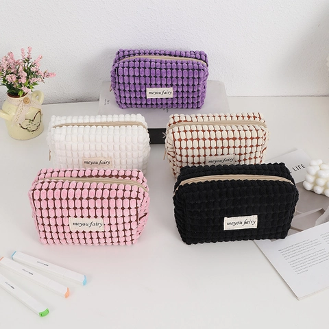 Waffle Texture Polyester Pencil Case Portable Makeup Bag Zipper Organizer Kawaii Korean Style Desktop Storage For Students