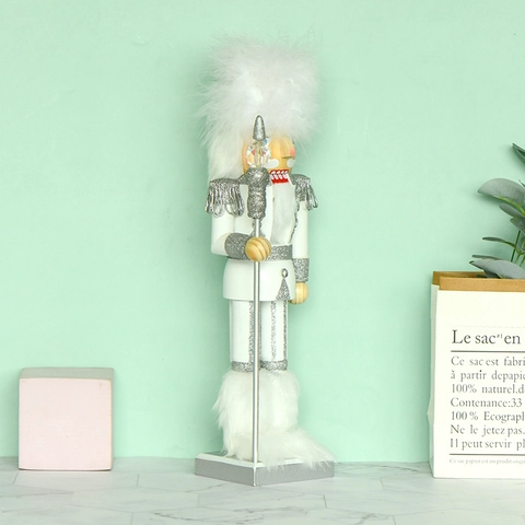 Nutcracker Soldier King Christmas Decoration Figurine Wooden White Silver With Faux Fur Hat Scepter Elegant Ornament