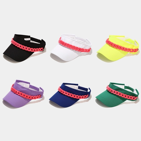 Women Sun Visor Hat Cotton Polyester With Thick Pink Acrylic Chain Adjustable Empty Top Outdoor UV Protection Streetwear