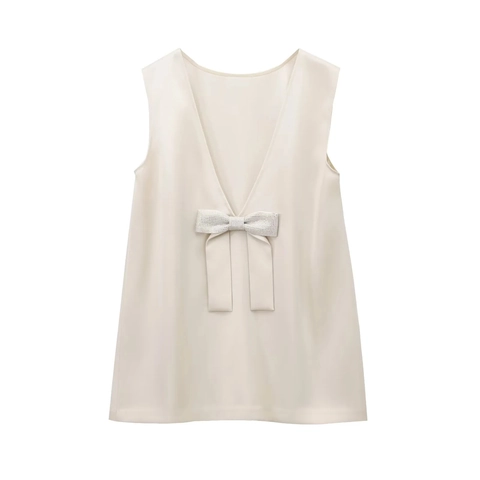 Abito Mini In Raso Da Donna Senza Maniche Schiena Scoperta Scollo A V Fiocco Di Strass Cocktail Elegante