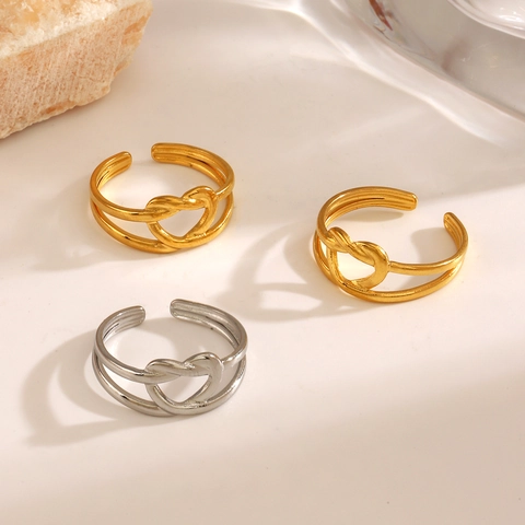 Anillo De Nudo De Corazón Minimalista Chapado En Oro De 18K Acero Inoxidable Doble Capa Ajustable Para Mujer