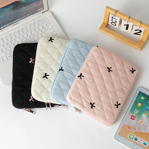 Gesteppte Laptoptasche Schleifenstickerei Tablet Hülle Stoßfeste Nylon Reißverschlusstasche Schutzhülle Damen