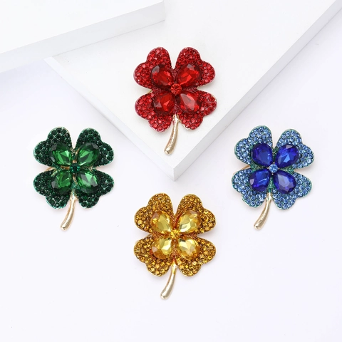 Elegant Four Leaf Clover Brooch Pin Alloy Rhinestone Encrusted Crystal Breastpin For Women Suit Coat Accessories