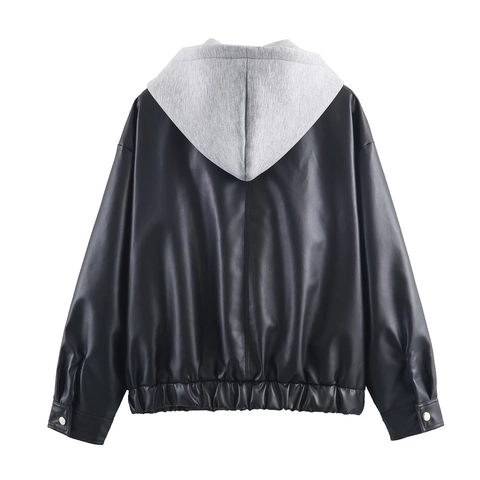 Damen Kapuzenjacke Aus Kunstleder Mit Grauer Strickkapuze Patchwork Reißverschluss Lässige Streetwear Outdoor Mantel Schwarz