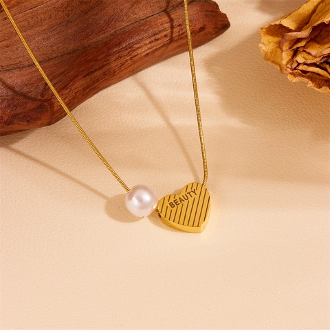 Heart Pendant Necklace Artificial Pearl Charm Stainless Steel Engraved Beauty Elegant Jewelry For Women