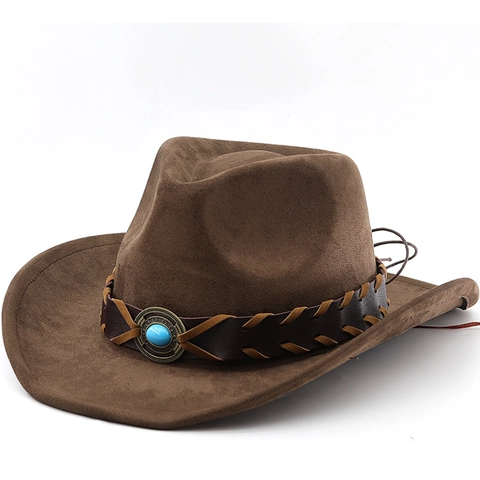 Chapeau De Cow-boy Western Suédine Bord Large Bande Cuir Tressé Décor Turquoise Style Ethnique Hommes Femmes
