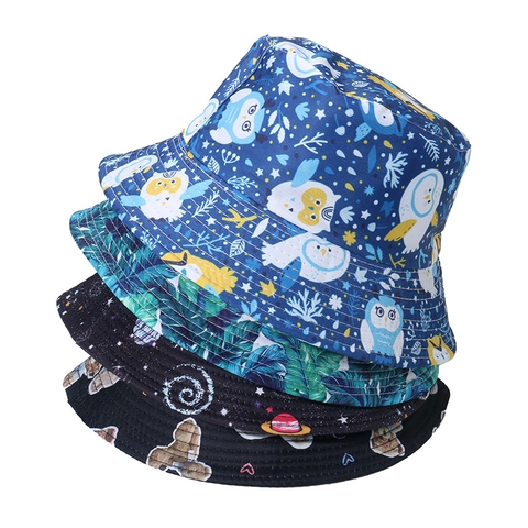 Reversible Polyester Bucket Hat With Cartoon Mushroom Owl Space Print Casual Outdoor Sun Protection Fisherman Hat