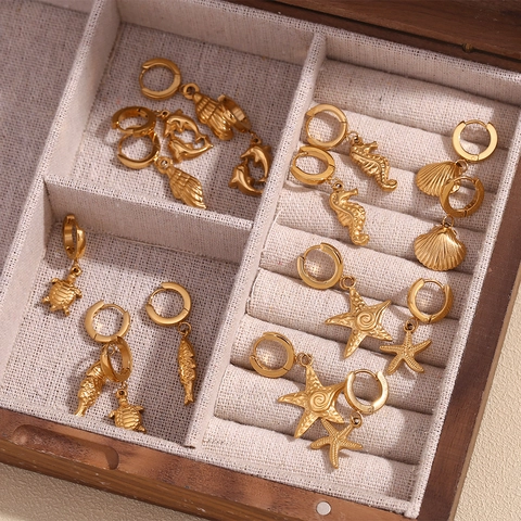 Pendientes De Aro Tema Océano Para Mujer Acero Inoxidable Chapado En Oro 18K Colgantes De Delfín Caballito De Mar Tortuga