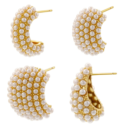 Vintage C Shape Stud Earrings With Pavé Imitation Artificial Pearls Brass Hollow Water Drop Elegant Commuter Jewelry For Women