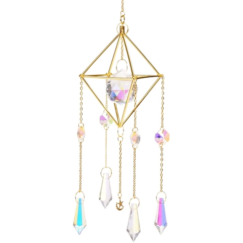 Crystal Suncatcher Prism Golden Geometric Metal Frame Hanging Ornament Window Rainbow Maker Decor Star Moon Pendant