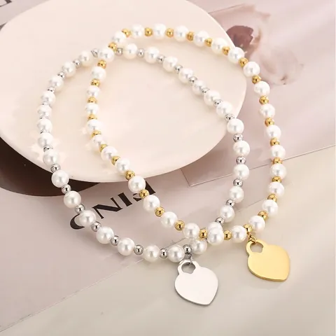 Collana Di Perline Con Pendente A Cuore Acciaio Inossidabile Perla Artificial Sintetica Elegante Stile Francese Gioielli