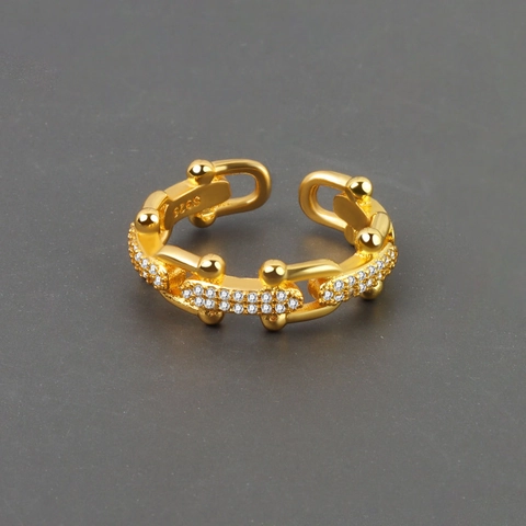 Copper Rhinestone U-Shape Chain Link Open Ring For Women Minimalist Adjustable Horseshoe Buckle Finger Ring Fashion Jewelry