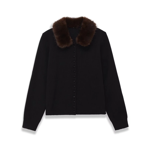 Gilet en Maille pour Femme avec Revers en Fausse Fourrure Manches Longues Polyester Coupe Ajustée Couleur Unie Pull Chaud