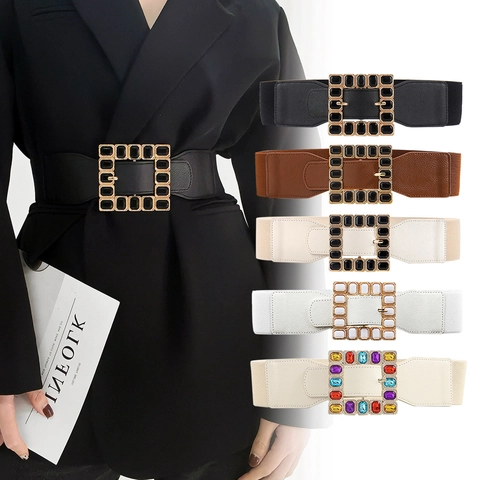 Women Wide Corset Belt High Elastic Waist Belt With Square Rhinestone Alloy Buckle PU Leather Retro Waistband For Dresses Party