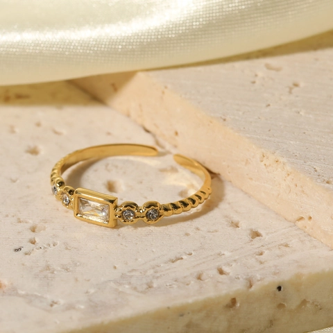 Damen Ring 18K Vergoldet Edelstahl Rechteck Zirkonia Smaragdschliff Verstellbar Offen Vintage Schmuck