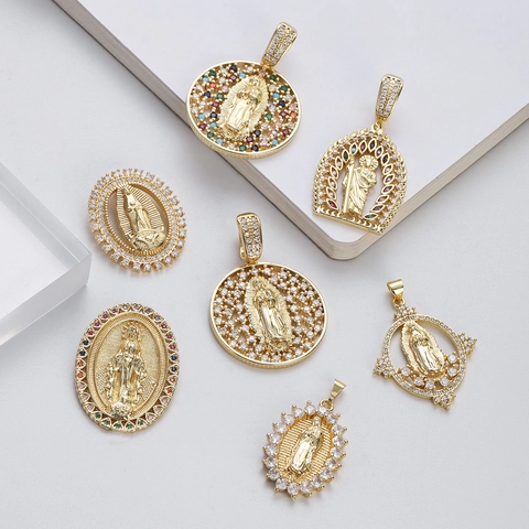 Collar Colgante Virgen María Cobre Bañado En Oro 14K Circonita Joyería Religiosa Para Mujer Vintage Elegante