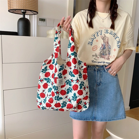 Borsa Tote In Tela Con Stampa Floreale Da Donna Borsa A Spalla Grande Capacità Motivo Fiori Tulipani Rose Casuale