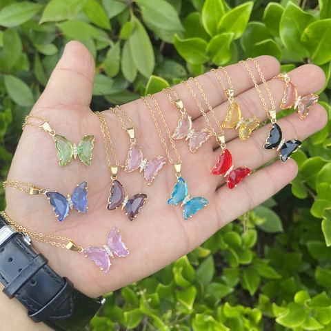 Collana Con Pendente A Farfalla Acciaio Inossidabile Rame Vetro Ala Di Cristallo Colorato Zircone Gioielli Da Donna