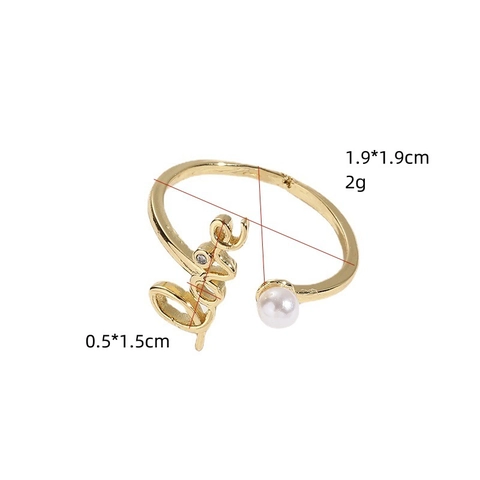 Anello Aperto Love con Zirconia e Perla Artificiale per Donna in Rame Placcato Oro Regolabile Anello alla Moda Regalo San Valentino