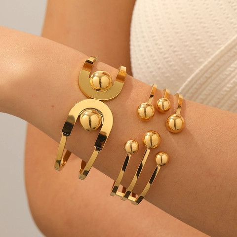 Brazalete De Acero Inoxidable Chapado En Oro Hueco Bolas De Acero Geométricas Pulsera Abierta Con Bisagra Joyería Para Mujer