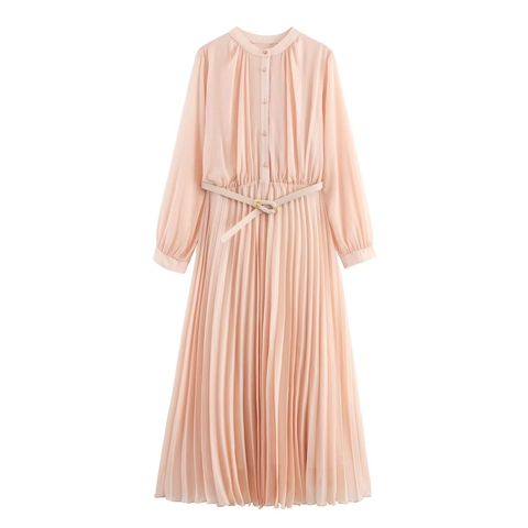 Elegante Vestido Midi Plisado de Gasa Con Cinturón Manga Larga Color Sólido Botones Delanteros Solapa Vestido Mujer Oficina