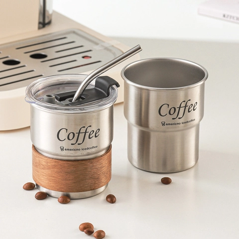 304 Stainless Steel Coffee Mug With Wood Sleeve And Metal Straw Insulated Outdoor Camping Travel Drinking Cup