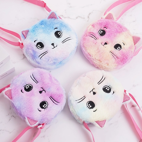 Kids Plush Cat Crossbody Bag Cute Cartoon Tie Dye Gradient Shoulder Bag With Glitter Ears For Toddler Girls