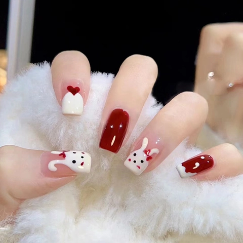 Unghie Finte A Pressione Con Motivo Coniglio E Cuore Rosso Bianco Stile Dolce Lucide Quadrate Arrotondate Per Donne