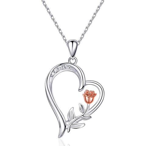 925 Sterling Silver Heart Rose Pendant Necklace For Women Two-tone Gold Plated Rhinestone Flower Charm Necklace Elegant Jewelry Gift