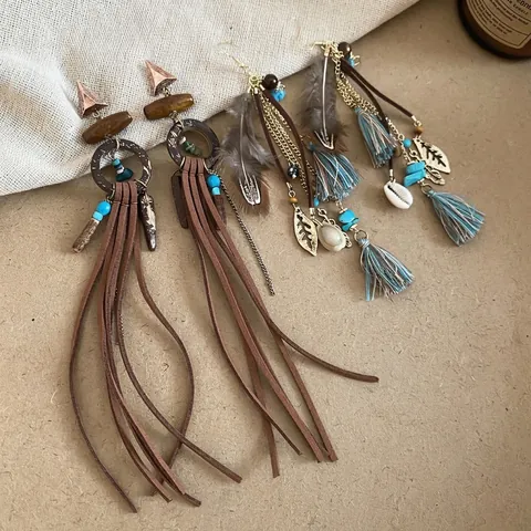 Pendientes Largos Bohemios Con Borlas Plumas Cuentas De Madera Conchas Y Postes De Plata Joyería Étnica Vintage Para Mujer